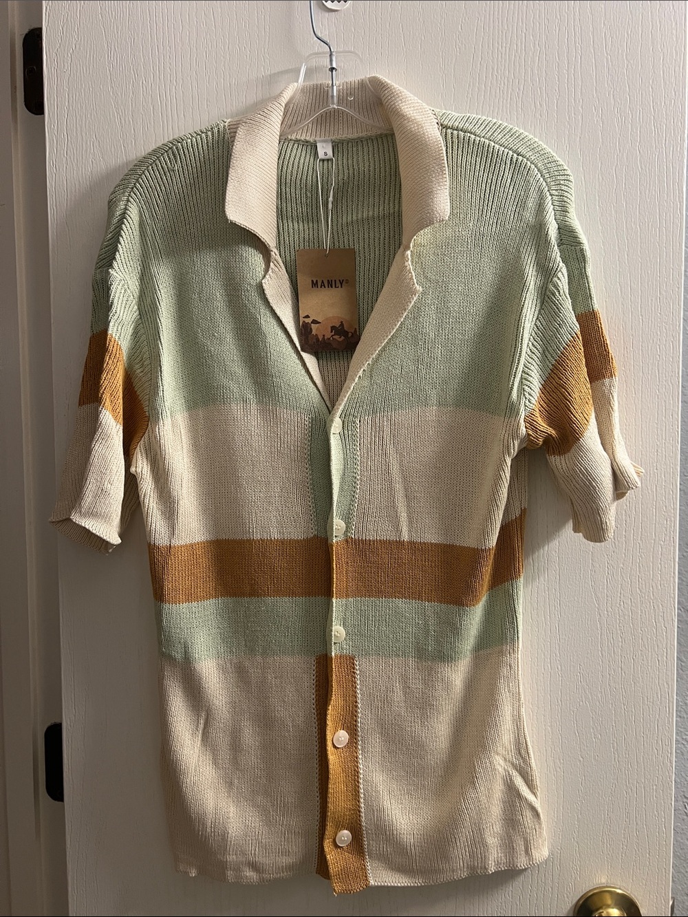 Manly Short-Sleeve Button-Front Knit Shirt in Sage, Cream & Mustard
